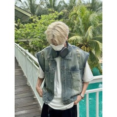 批发美式复古水洗磨毛边短款牛仔<b class='q'>马甲</b><b class='q'>男</b>无袖宽松夏季潮流帅气坎肩上衣