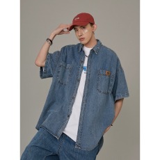 批发美式复古牛仔衬衫男ins潮牌夏季<b class='q'>街头</b>高级感宽松短袖衬衣
