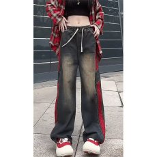 批发美式复古条纹拼接做旧<b class='q'>牛仔裤</b>女春秋款设计感做旧<b class='q'>松紧腰</b>阔腿工装裤