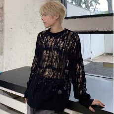 批发早秋季设计新款镂空宽松薄款<b class='q'>针织衫</b><b class='q'>男</b>女复古破坏小众长袖T恤圆领