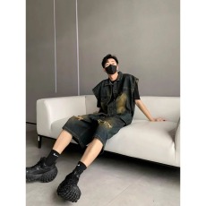 批发美式复古水洗<b class='q'>牛仔</b>马甲背心潮男夏季街头五分裤百搭宽松无袖外套