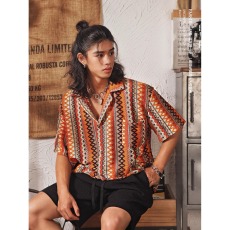 批发民族风镂空编织古巴领<b class='q'>半截</b><b class='q'>袖</b>衬衫男女复古夏季撞色设计感短<b class='q'>袖</b>衬衣