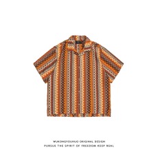 批发民族风镂空编织古巴领<b class='q'>半截</b><b class='q'>袖</b>衬衫男女复古夏季撞色设计感短<b class='q'>袖</b>衬衣