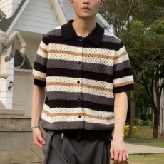 批发2025夏季新款撞色条纹针织镂空翻领<b class='q'>短袖</b>开衫潮牌轻奢<b class='q'>男士</b>上衣