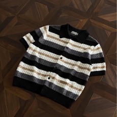 批发2025夏季新款撞色条纹针织镂空翻领<b class='q'>短袖</b>开衫潮牌轻奢<b class='q'>男士</b>上衣