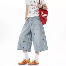 批发简约美式复古水洗七<b class='q'>分</b>牛仔<b class='q'>裤</b>男女夏季新款设计感彩色纽扣阔腿短<b class='q'>裤</b>