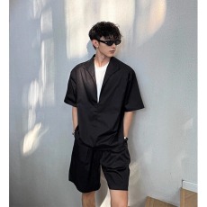 批发夏季<b class='q'>男士</b>高级感假两件老钱风套装男时尚<b class='q'>衬衫</b>半袖休闲短裤两件套潮