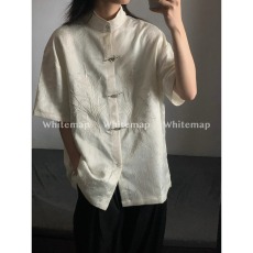 批发新中式国风短袖衬衫<b class='q'>男</b>女夏季冰丝垂感衬衣浮雕竹叶刺绣中山<b class='q'>唐装</b>