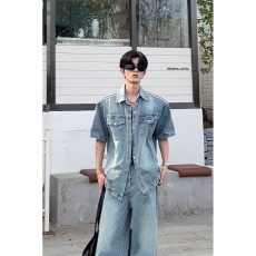批发条纹垫肩牛仔短袖衬<b class='q'>衫</b>潮男夏季高街小众设计t恤水洗复古<b class='q'>情侣</b><b class='q'>外套</b>