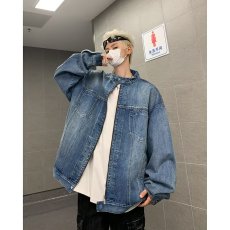 批发春秋季水洗扎染<b class='q'>牛仔</b>外套男女款复古ins工装夹克宽松立领做旧褂子