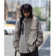 批发日系工装棉麻条纹长袖衬衫男春季户外通勤百搭宽松薄款圆下摆衬衣