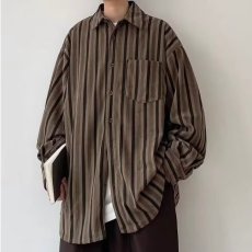 批发美式复古竖条纹工装宽松<b class='q'>衬衫</b><b class='q'>男士</b>春秋单口袋百搭叠穿上衣潮