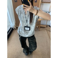 批发白色肌理感扎染v领背心女夏季薄款冰凉高级感T恤运动速干坎肩<b class='q'>汗衫</b>