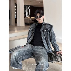 批发美式复古做旧毛边黑色<b class='q'>牛仔</b>外套高级感vintage机车服<b class='q'>牛仔</b><b class='q'>褂</b>夹克男