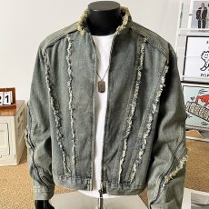 批发美式做旧重工水洗牛仔外套bf<b class='q'>设计</b>感街头机车潮牌立领短装夹克男士