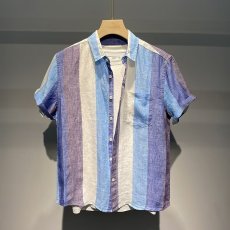 批发潮牌条纹<b class='q'>衬衫</b><b class='q'>男士</b>五分<b class='q'>短袖</b>夏季2025新款透气撞色套头休闲<b class='q'>衬衣</b>时尚