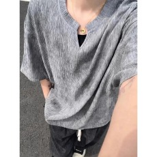 批发灰色肌理感扎染v领短<b class='q'>袖</b>男士夏季痞帅高级感重磅冰感t恤潮牌<b class='q'>半截</b><b class='q'>袖</b>