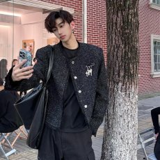 批发秋冬气质轻奢亮丝小香风外套男网红时尚垫肩金属饰品设计感夹克潮