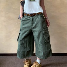 批发美式复古褶皱多口袋<b class='q'>七分裤</b><b class='q'>男</b>女夏季宽松休闲阔腿工装裤牛仔<b class='q'>短裤</b>潮