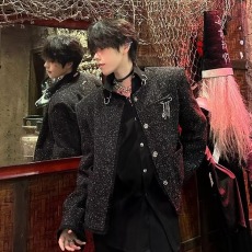 批发秋冬气质轻奢亮丝小香风外套男网红时尚垫肩金属饰品设计感夹克潮