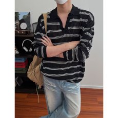 批发春秋季<b class='q'>男士</b>长袖POLO领衫<b class='q'>T</b><b class='q'>恤</b>宽松复古日系黑白条纹潮流ins<b class='q'>翻领</b>卫衣