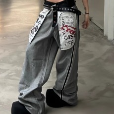 批发美式复古反穿大口袋主题印花牛仔<b class='q'>裤子</b>女新款辣妹设计感显瘦拖地裤