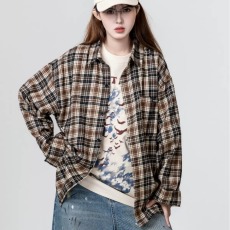 批发2025秋季薄款格子衬衫女美式<b class='q'>街头</b>复古慵懒休闲宽松长袖衬衣外套