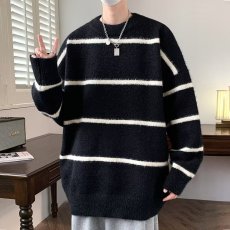 批发韩系慵懒风条纹毛衣男士秋<b class='q'>冬</b>季美式潮牌高级感软糯毛绒针织衫外套