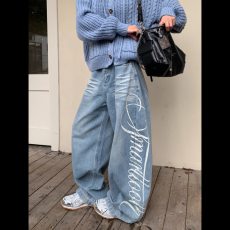 批发夏季潮流美式街头风个性休闲趣味直筒宽松阔腿牛仔裤男女长裤