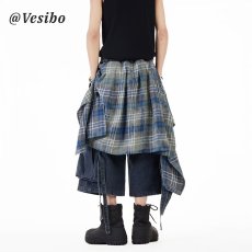 批发美式复古格子大口袋拼接工装<b class='q'>牛仔</b><b class='q'>短裤</b><b class='q'>男</b>女宽松阔腿黑色休闲七分裤