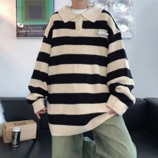 批发简约撞色条纹POLO衫<b class='q'>男士</b><b class='q'>翻领</b>春秋款ins潮长袖<b class='q'>T</b><b class='q'>恤</b>套头针织衫上衣