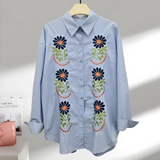 批发美式复古重工花朵刺绣设计感长袖<b class='q'>衬衫</b>新款宽松潮牌<b class='q'>衬衣</b>品质女装