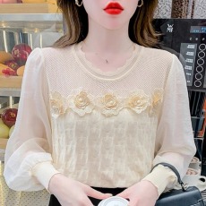 批发设计感圆领花朵长袖雪纺<b class='q'>衬衫</b>女春秋2025秋季新款减龄洋气内搭上衣