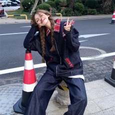 批发2025美式复古格子拼接<b class='q'>牛仔</b>外套男女秋季情侣宽松翻领夹克<b class='q'>上衣</b>潮流