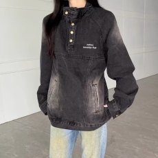 批发美式复古高街chic慵懒风宽松刺绣套头牛仔外套男女春秋潮流卫衣