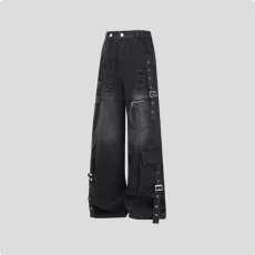 批发美式复古破洞工装牛仔裤男女夏季新款重工<b class='q'>情侣</b><b class='q'>长裤</b>宽松阔腿裤