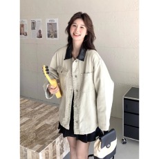 批发灰色拼接pu皮领<b class='q'>牛仔</b>外套男女秋冬款中性工装褂子美式高街情侣夹克