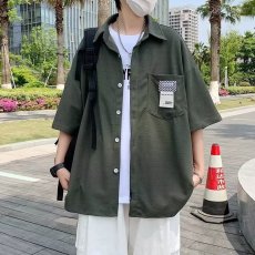 批发2024日系复古口袋工装华夫格<b class='q'>短袖</b>衬衫<b class='q'>t</b><b class='q'>恤</b>男潮牌宽松学生潮衬衣