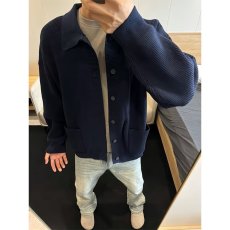 批发春季韩版翻领针织开衫潮牌东大门高级感慵懒风藏蓝色毛衣外套