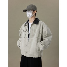 批发灰色拼接pu皮领<b class='q'>牛仔</b>外套男女秋冬款中性工装褂子美式高街情侣夹克