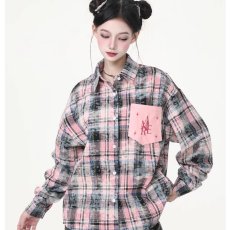 批发做旧格子美式<b class='q'>街头</b>粉色长袖衬衫男女vintage古着秋季情侣外套帅气