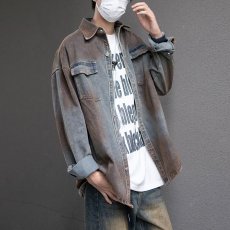 批发日系复古做旧水洗牛仔<b class='q'>衬衫</b>男长袖春秋新款宽松翻领<b class='q'>衬衣</b>休闲外套潮