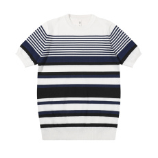 批发夏季<b class='q'>短袖</b>时尚透气针织衫圆领亲肤天丝拼色横条纹潮<b class='q'>男士</b>t恤