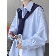批发学院风<b class='q'>长袖</b><b class='q'>衬衫</b><b class='q'>男</b>针织披肩假两件蓝色<b class='q'>衬衣</b>秋季设计感条纹休闲外套