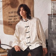 批发春夏新品小众国潮风浮雕提花中式盘扣丝滑防晒<b class='q'>男</b>女款立领<b class='q'>长袖</b><b class='q'>衬衫</b>