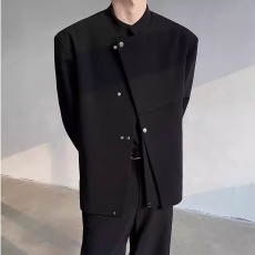 批发新中式立领西装外套男黑色高级中山装垫肩廓形西服设计不对称夹克