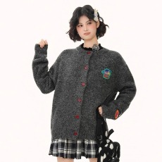 批发Sanowers美式复古卡通刺绣圆领毛衣女秋冬宽松慵懒风<b class='q'>针织</b><b class='q'>开衫</b>外套