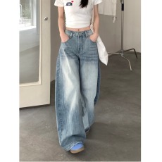 批发美式弯刀牛仔裤男潮牌水洗做旧潮流阔腿裤高街竹节纹宽松垂感<b class='q'>长裤</b>