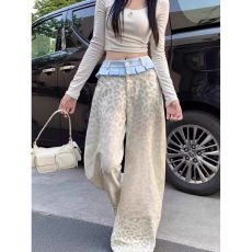 批发大码美式复古小裙摆拼接<b class='q'>牛仔裤</b>女2025秋季设计感撞色豹纹阔腿长裤
