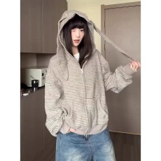 批发<b class='q'>兔毛</b>绒兔耳朵男女条纹开衫外套2025秋季新款宽松洋气拉链衫上衣